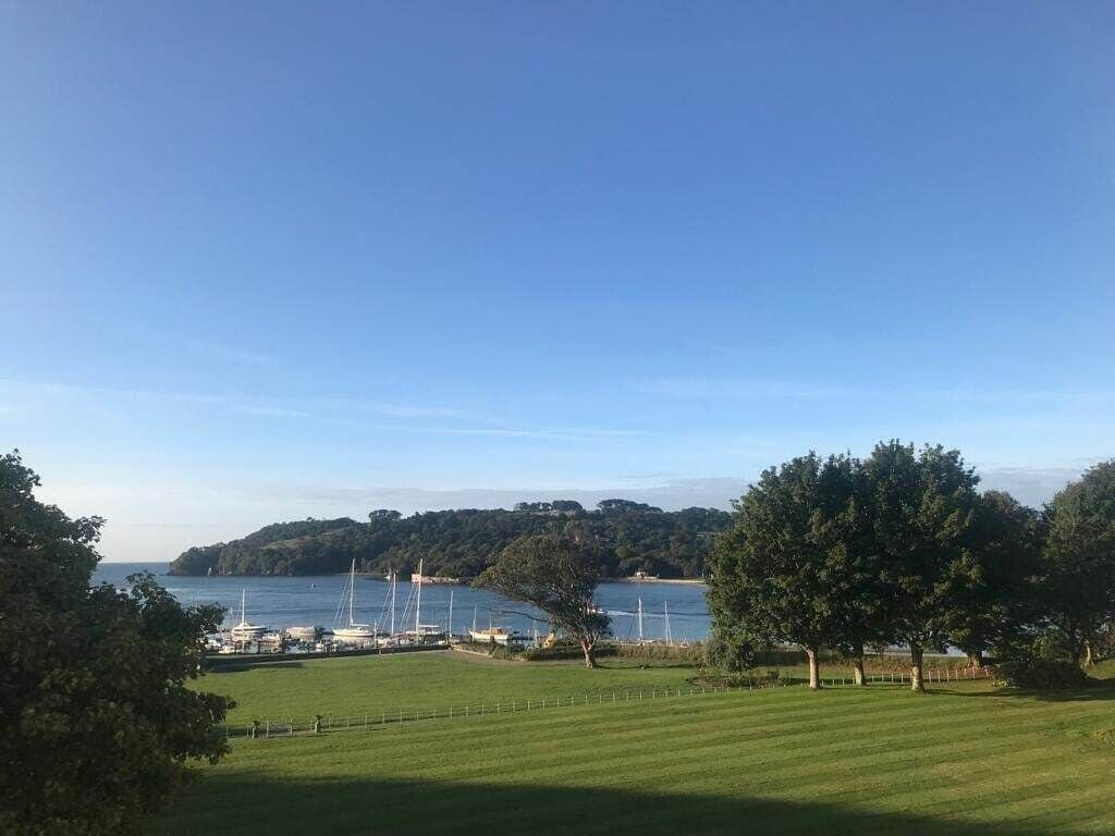 A grassy field with a view of a body of water and sailboats in the distance.