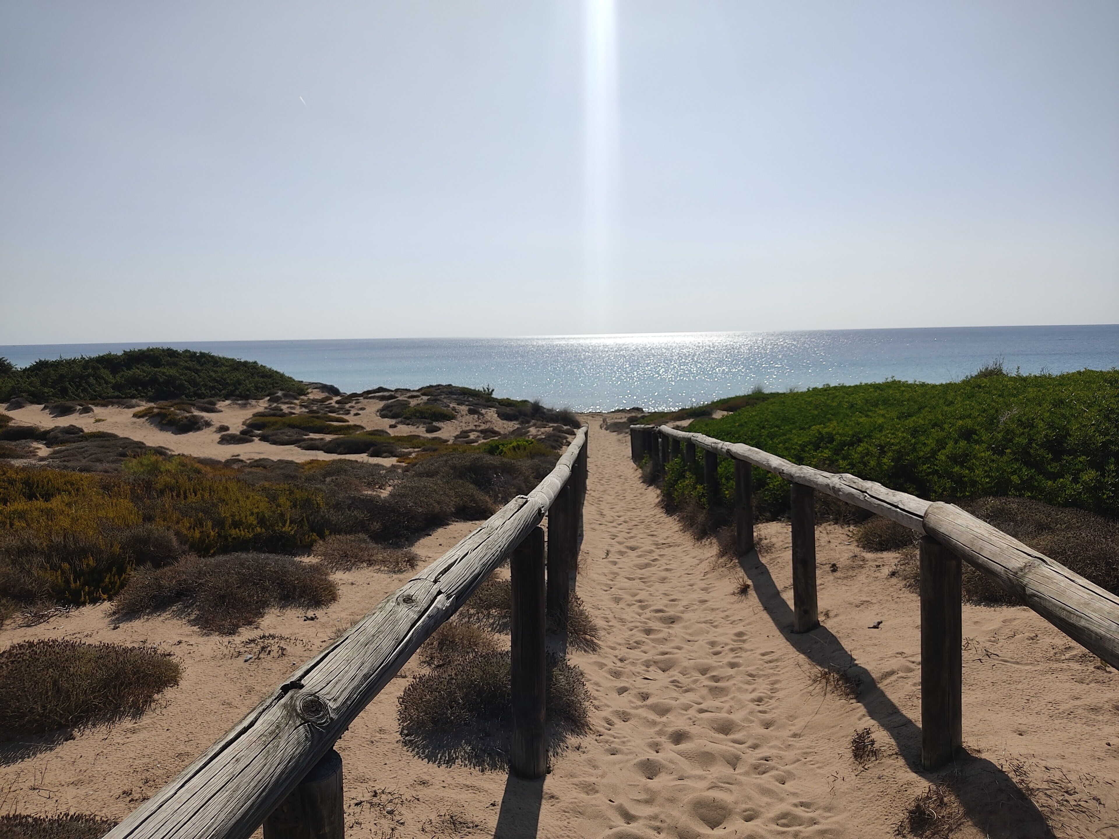 Un sentier de sable bordé de rambardes en bois qui mène à l’océan.