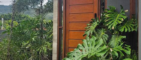 Un edificio moderno con puerta de madera, rodeado de exuberante vegetación tropical.