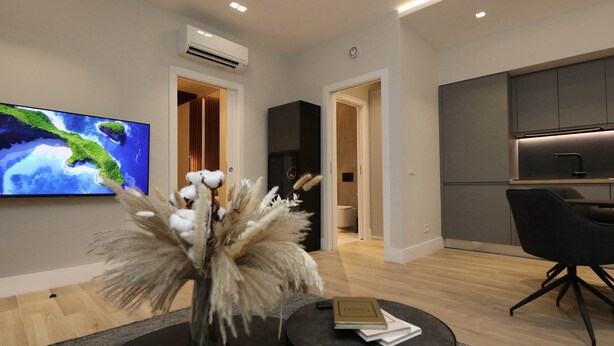 Una sala de estar moderna con un televisor de pantalla plana, una planta decorativa, una mesa de centro redonda y una silla negra.