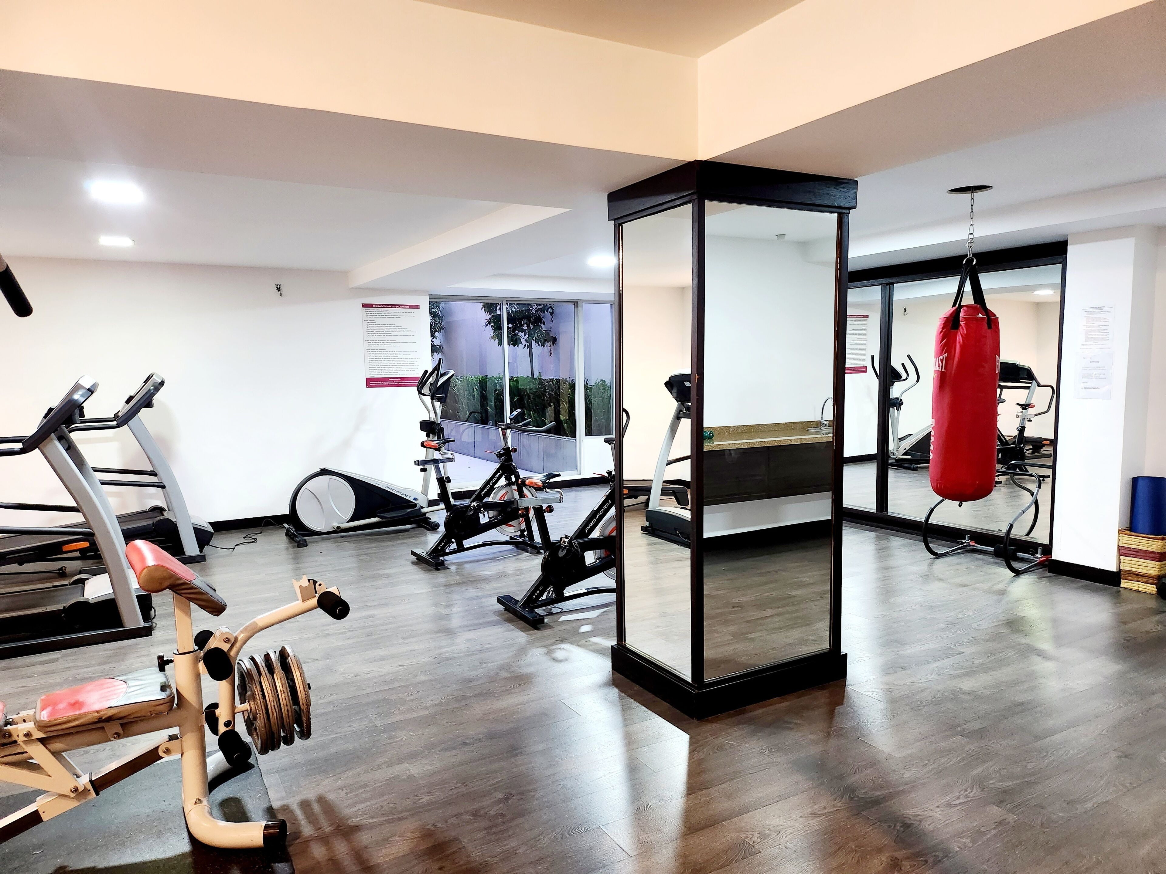 Un gimnasio con máquinas de cardio, un saco de boxeo y un muro con espejos.