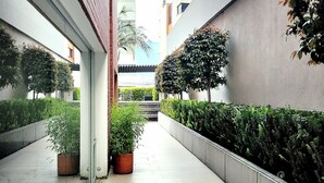 A modern building with a clean, straight pathway lined with potted plants and a low wall on one side.