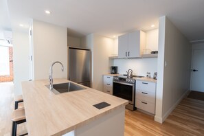 BA302 - Two-Bedroom Apartment | Private kitchen | Full-size fridge, microwave, oven, stovetop - Les Lofts de la Barricade – Par Les Lofts Vieux-Québec (Québec City)
