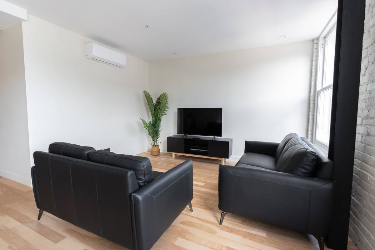 Un salon moderne avec deux canapés en cuir noir, un téléviseur à écran plat posé sur un meuble noir, une plante en pot et une grande fenêtre donnant sur l’extérieur.