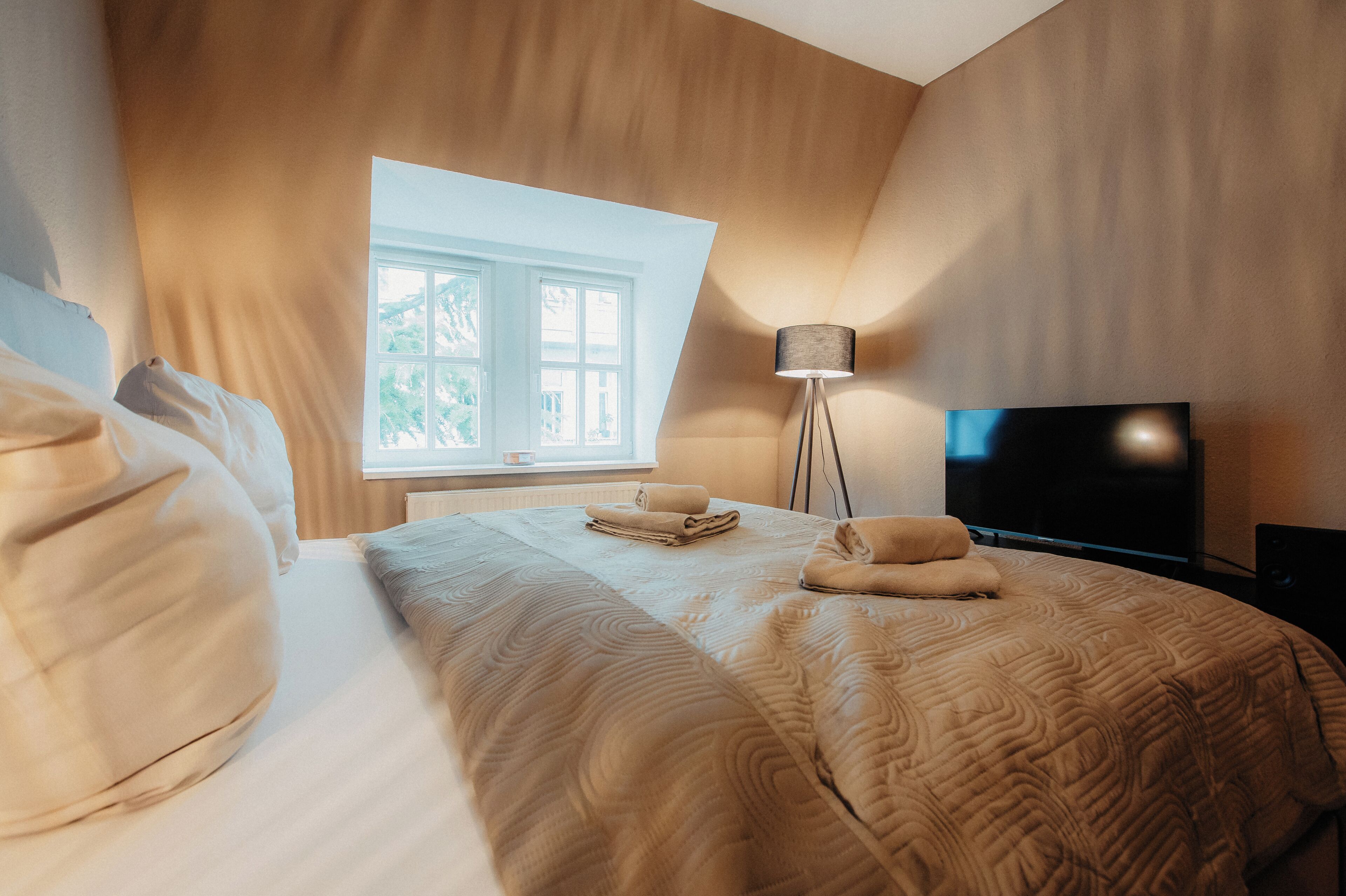 Un dormitorio con una cama grande, televisión, lámpara y ventana con vistas a la vegetación.