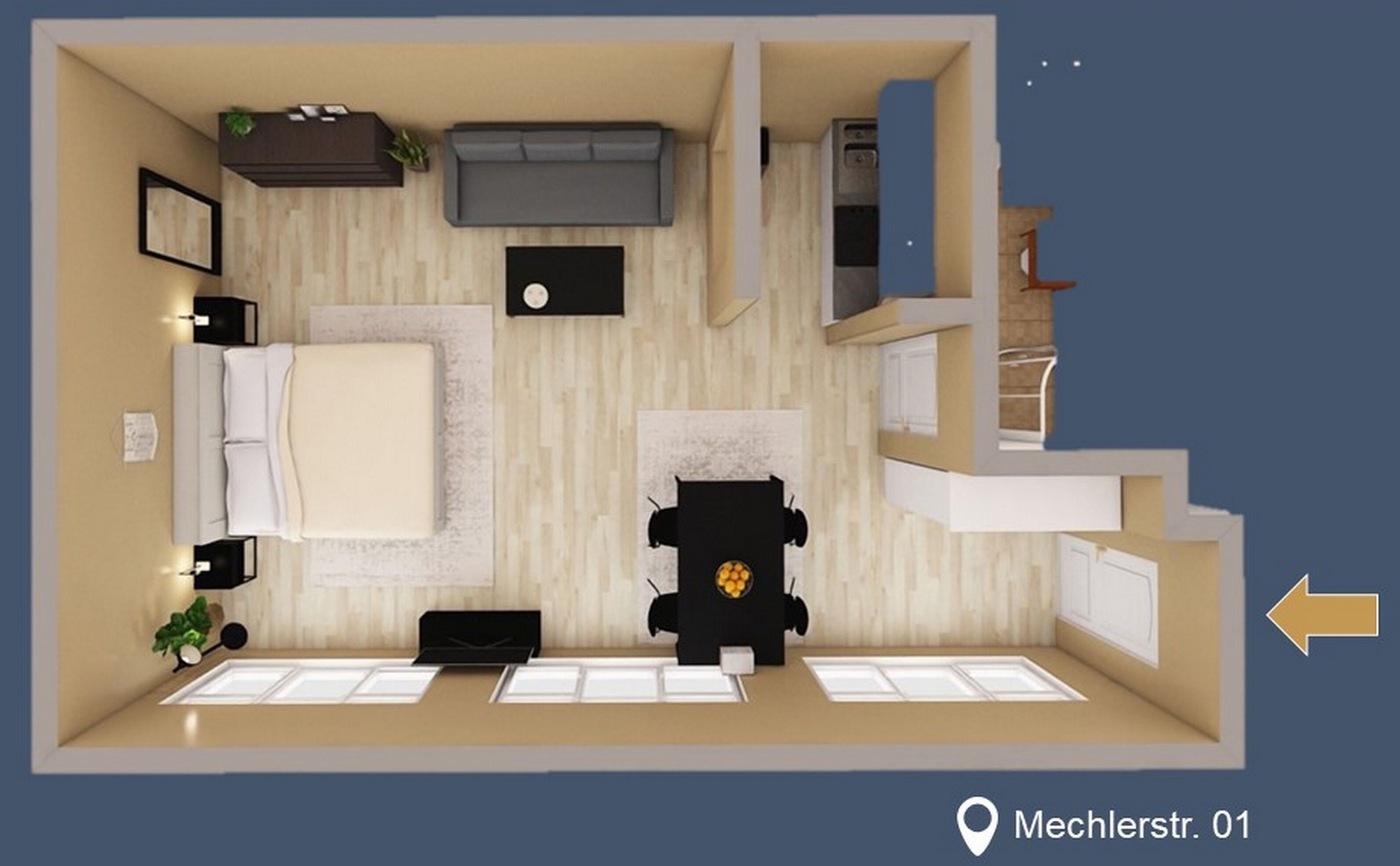 A 2-bedroom apartment layout with a living room, dining area, kitchen, and a small balcony.