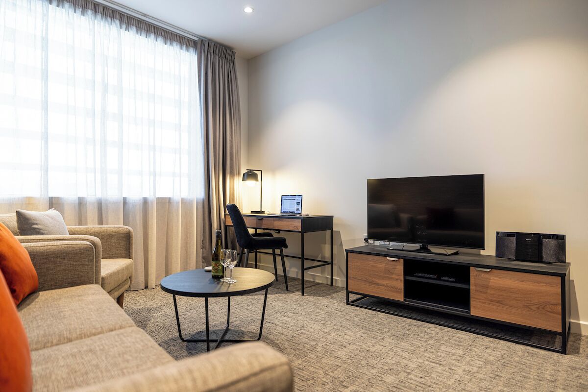 47-inch LED TV with digital channels, iPod dock, first-run movies