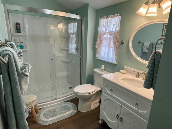 A bathroom with a glass shower enclosure, a toilet, a sink with a mirror, and a window with a curtain. - Aunt May's - Waterfront Cottage in Cedar Key! (Cedar Key)
