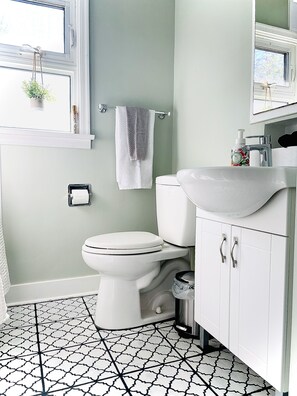 Hair dryer, towels, soap, shampoo
