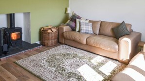 Een gezellige woonkamer met een bank, een open haard, een vloerkleed en een mand vol haardhout.