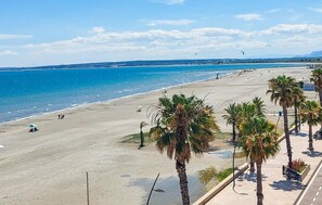 A beach with palm trees, a clear sky, and people in the distance.