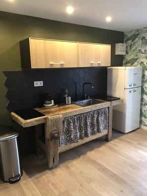 Réfrigérateur, micro-ondes, plaque de cuisson, cafetière/bouilloire