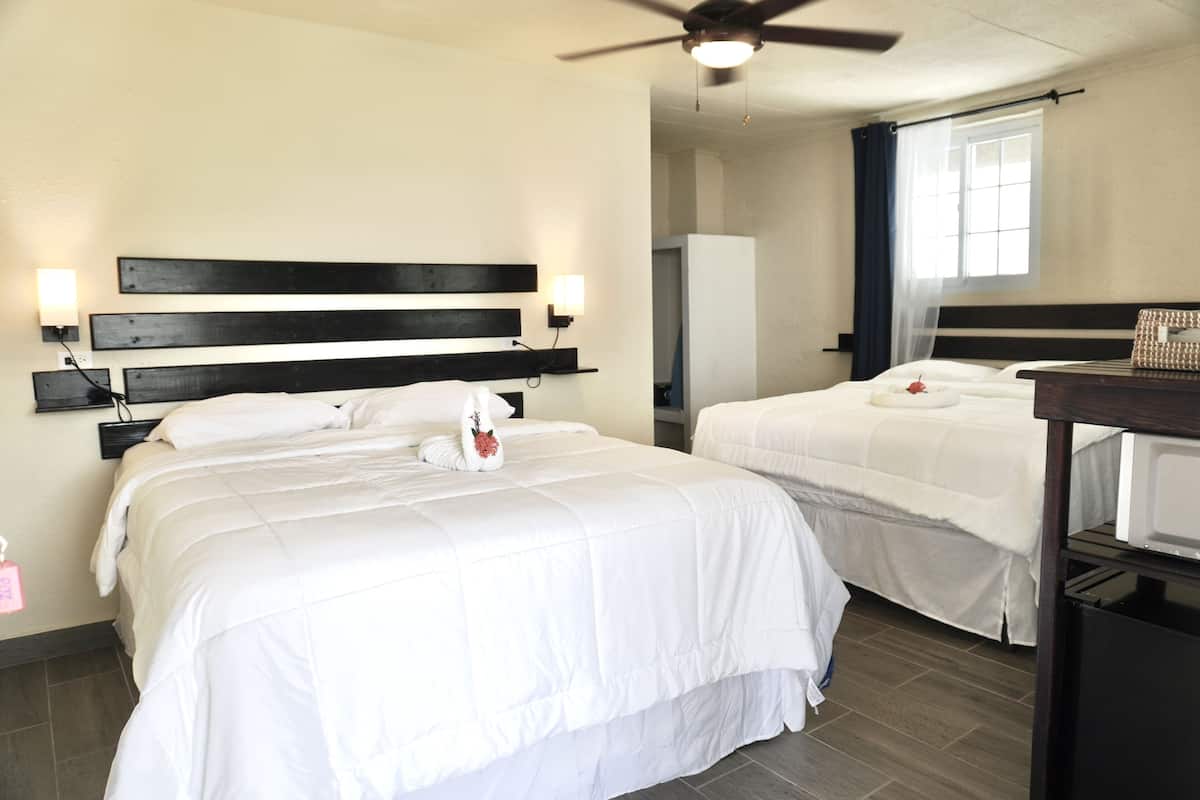Une chambre d’hôtel avec deux lits, un ventilateur de plafond, une fenêtre avec des rideaux et une table de chevet avec une lampe.