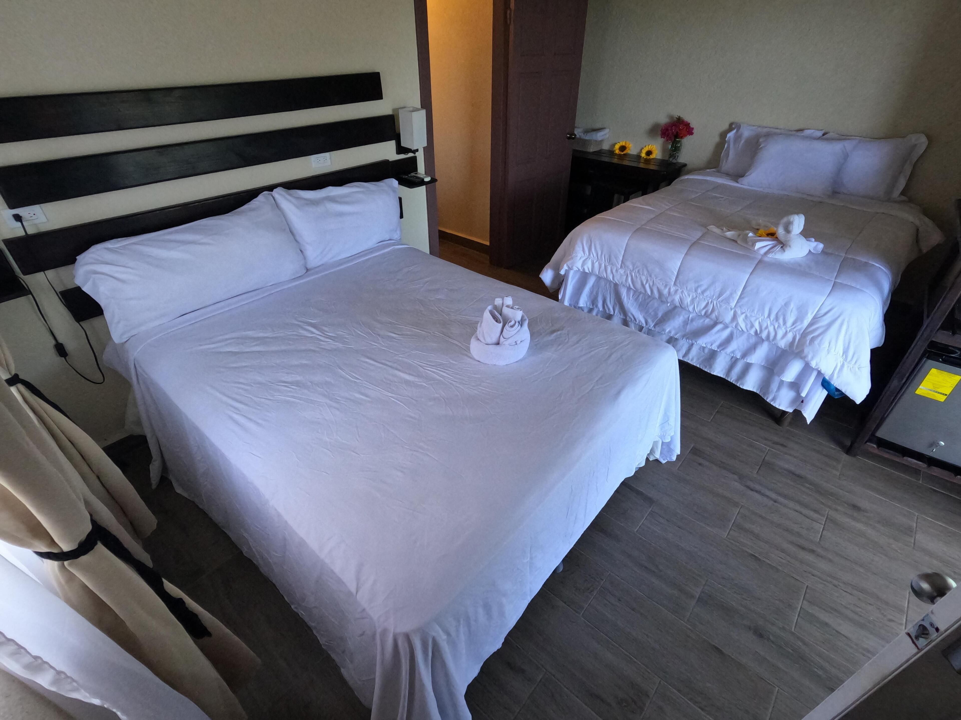 Habitació d'hotel amb dos llits, una tauleta de nit amb una làmpada i una taula petita amb un ram de flors.