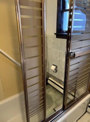 Hair dryer, towels, soap, toilet paper