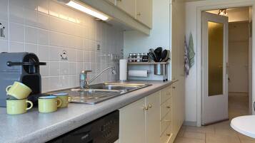 Een koelkast, een oven, een kookplaat, een vaatwasser