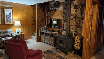 Smart TV, fireplace, video games, DVD player