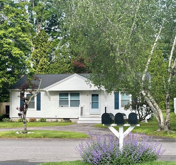 A single-story house with a front porch, a mailbox, and a small garden with purple flowers.