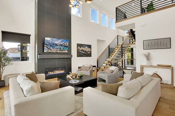 Smart TV, fireplace, books