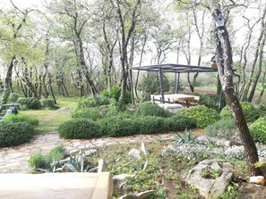 Un jardin avec un banc en bois, un chemin de pierres et une mangeoire à oiseaux accrochée à un arbre.