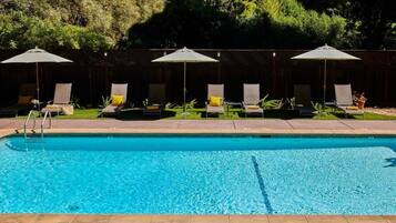 Seasonal outdoor pool, pool loungers