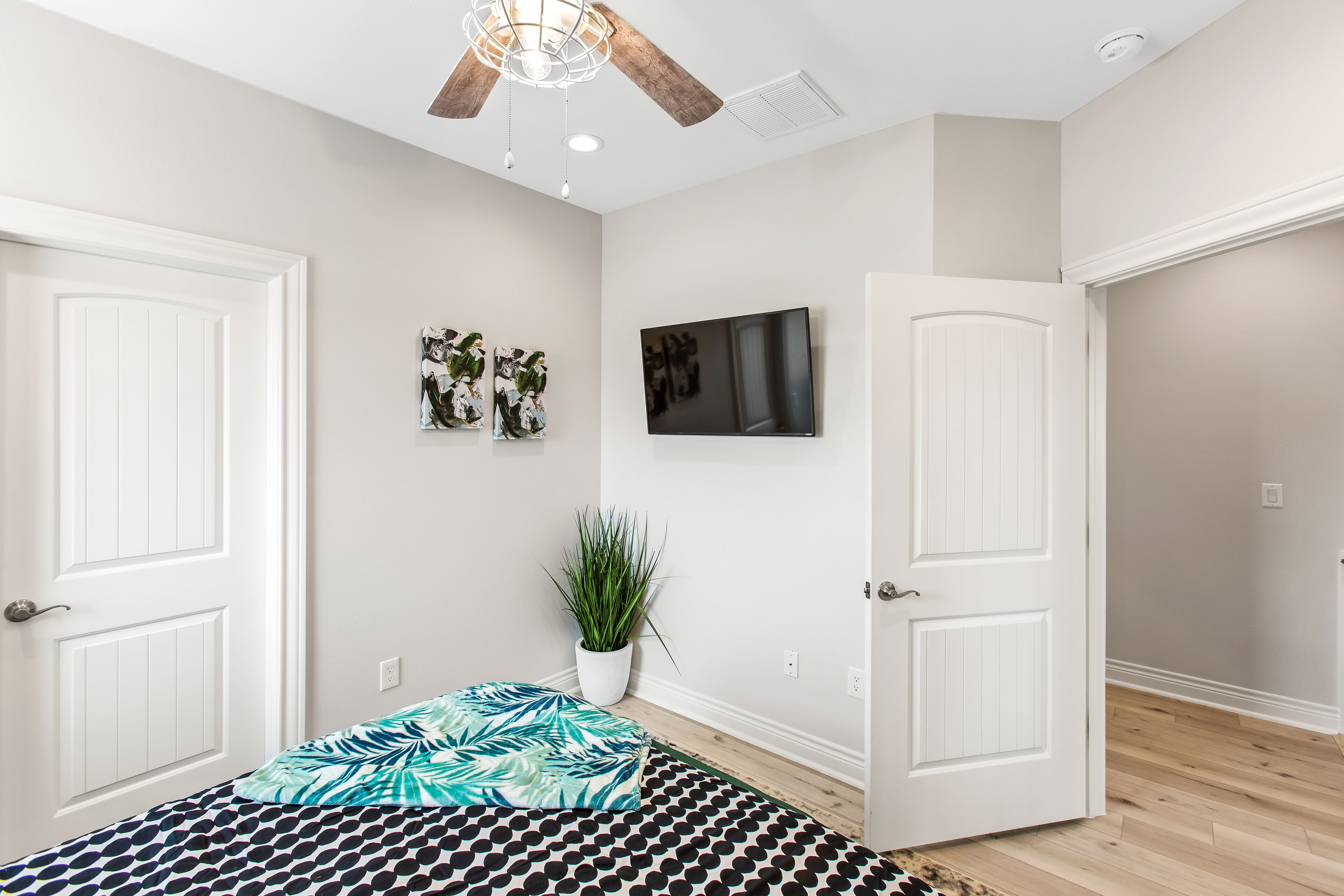 A bedroom with a bed, a ceiling fan, a TV, and a potted plant.