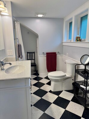 Shower, hair dryer, towels, soap