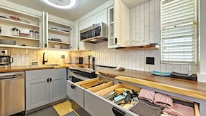 A modern kitchen with white cabinetry, a built-in microwave, and a wooden countertop.
