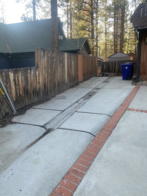 A concrete pathway with a brick border, a wooden fence, and a blue trash bin.