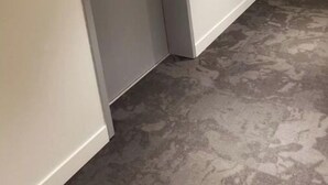 Un passadís amb una porta grisa, una porta de fusta al fons i un sòl amb moqueta gris.