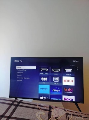 Ein Roku-Fernseher mit einem Menü, das verschiedene Streaming-Dienste anzeigt.