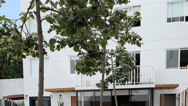 A modern building with a courtyard featuring a wooden bench, concrete planters, and a grassy area. - Espacio Luxury- Edificio Pedro de Osma (Lima)