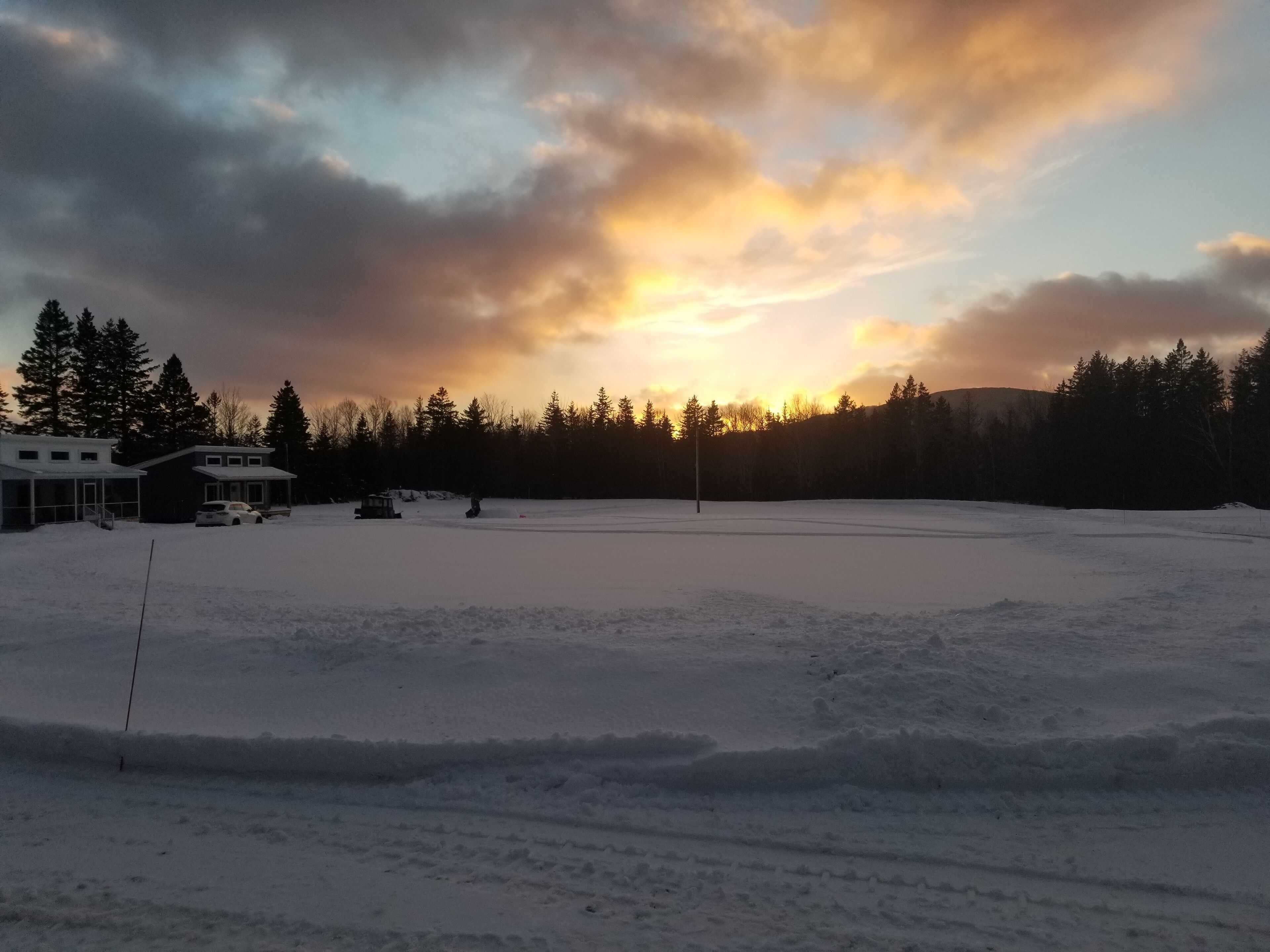 Ett snötäckt fält med ett hus och träd i bakgrunden.