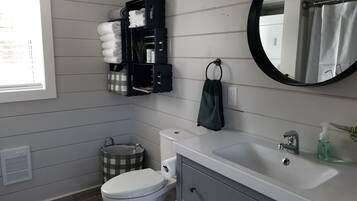 Hair dryer, towels, soap, shampoo