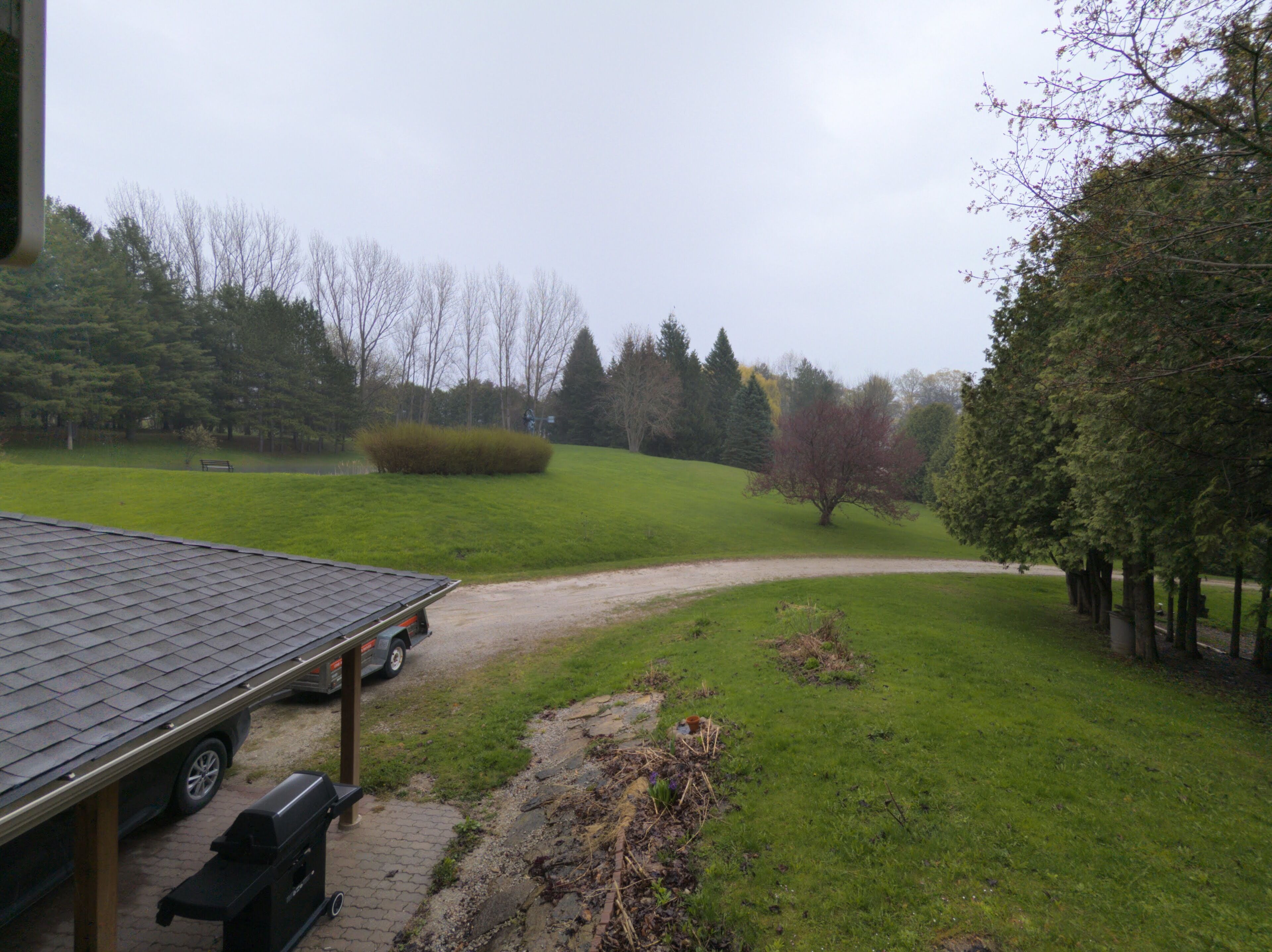 Ein Rasen mit einem Kiesweg, der zu einer Bank und einem Grill führt.