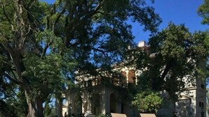 Una piscina cristalina con dos tumbonas, rodeada de árboles y un edificio grande con arcos al fondo.