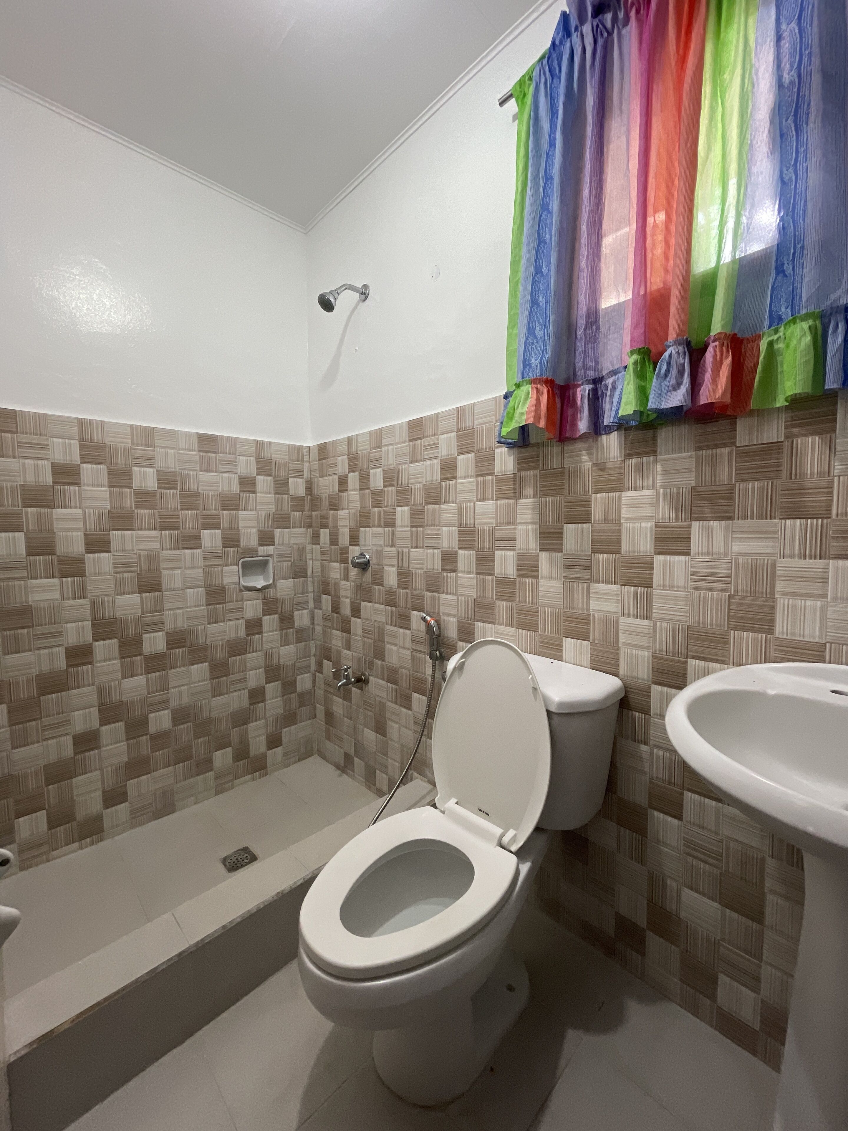 A bathroom with a tiled shower wall, a toilet, and a sink.