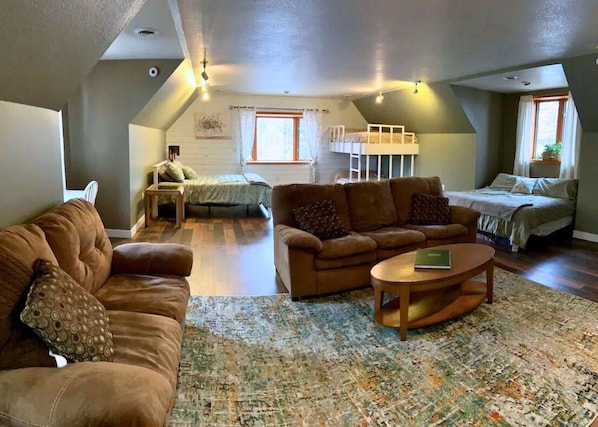 Smart TV, fireplace, DVD player, books