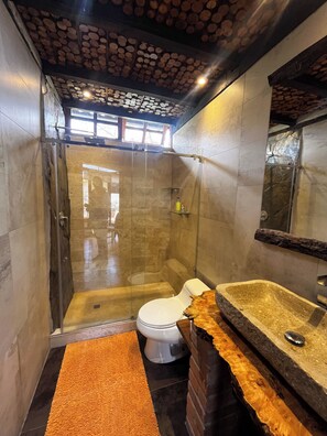 Shower, jetted tub, eco-friendly toiletries, hair dryer