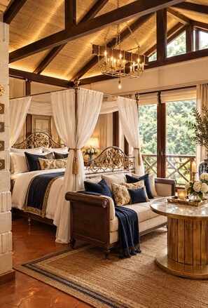 A bedroom with a canopy bed, a sofa, and a round coffee table.