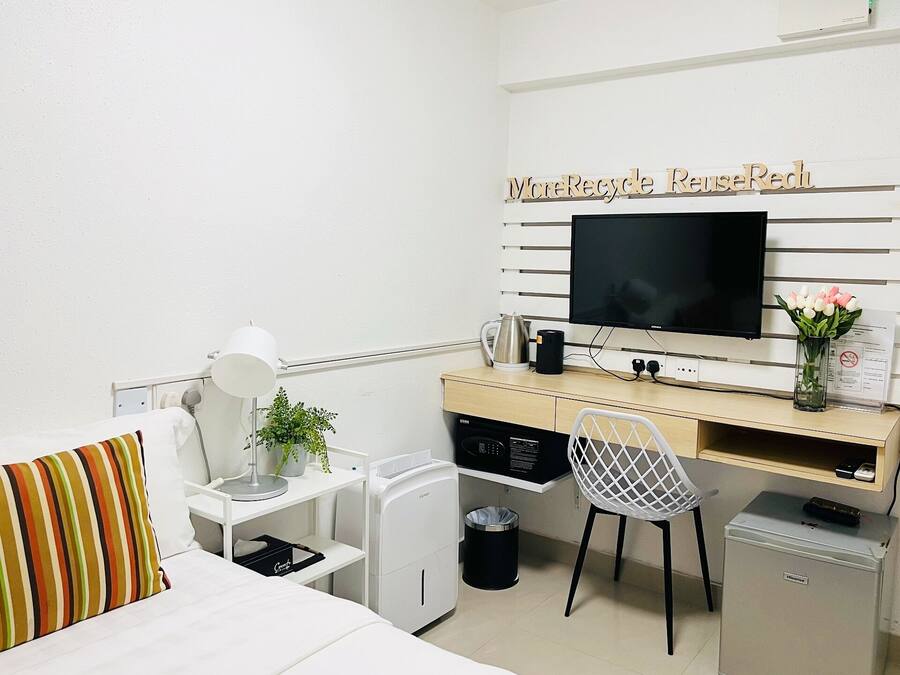 A compact hotel room with a bed, a desk with a computer, a TV, a small fridge, a chair, a trash bin, and a bedside table with a lamp and a plant.