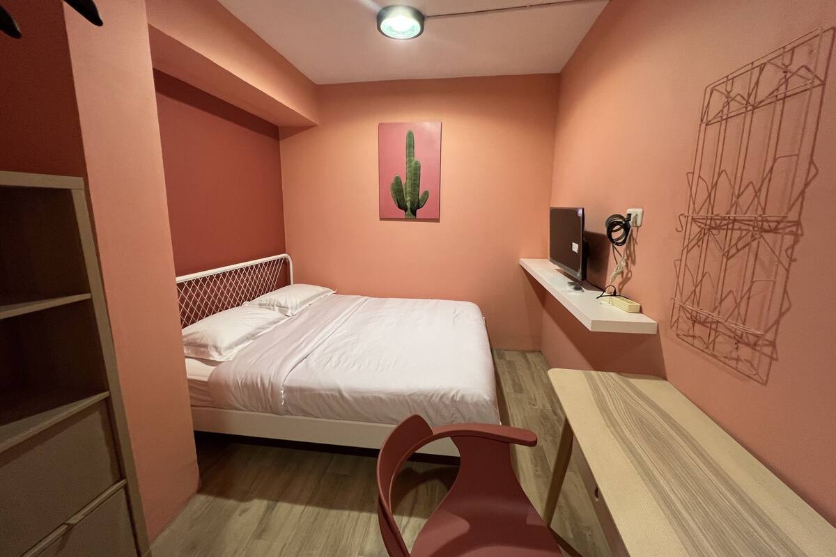 A small, pink-walled room with a single bed, a desk with a chair, and a cactus painting on the wall.