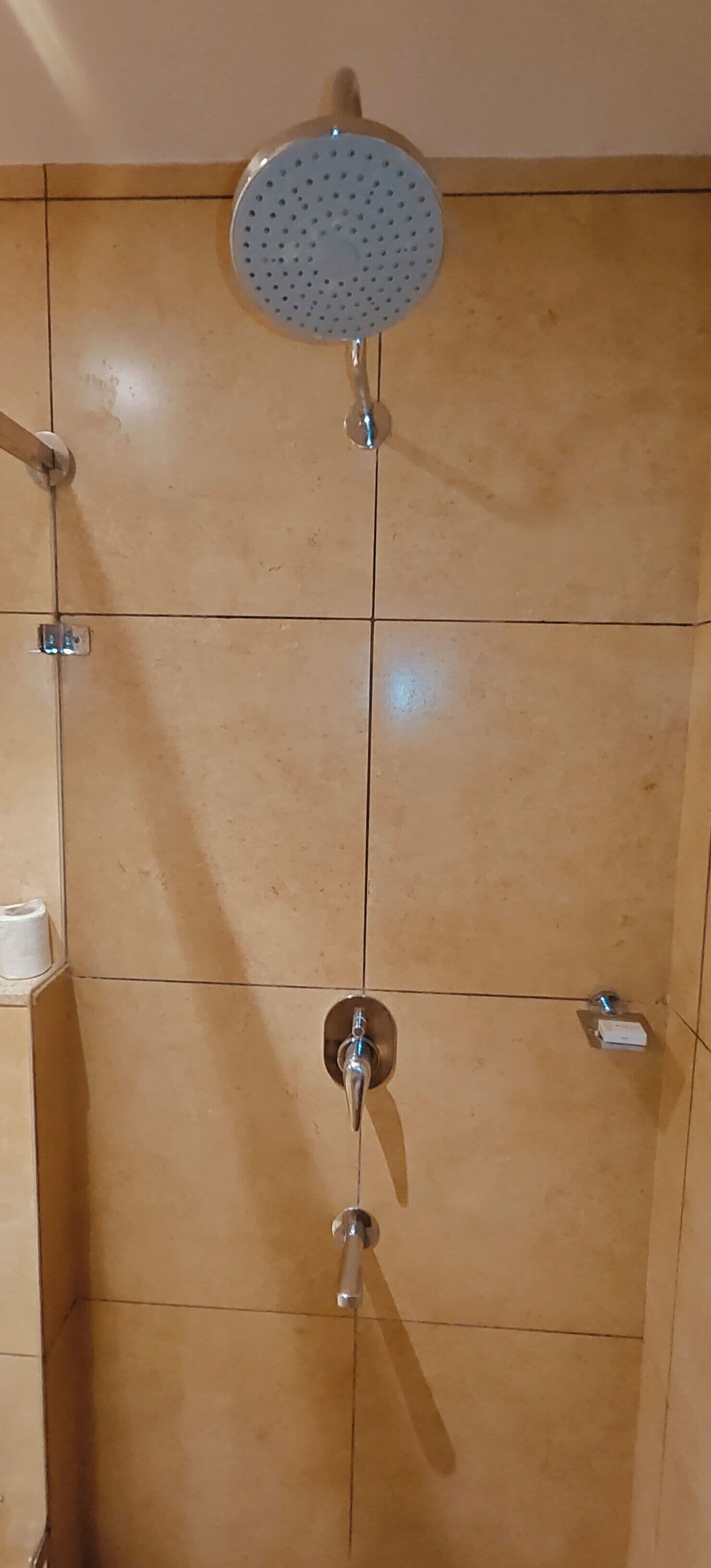 Ducha con cabezal de ducha de mano y grifo empotrado.
