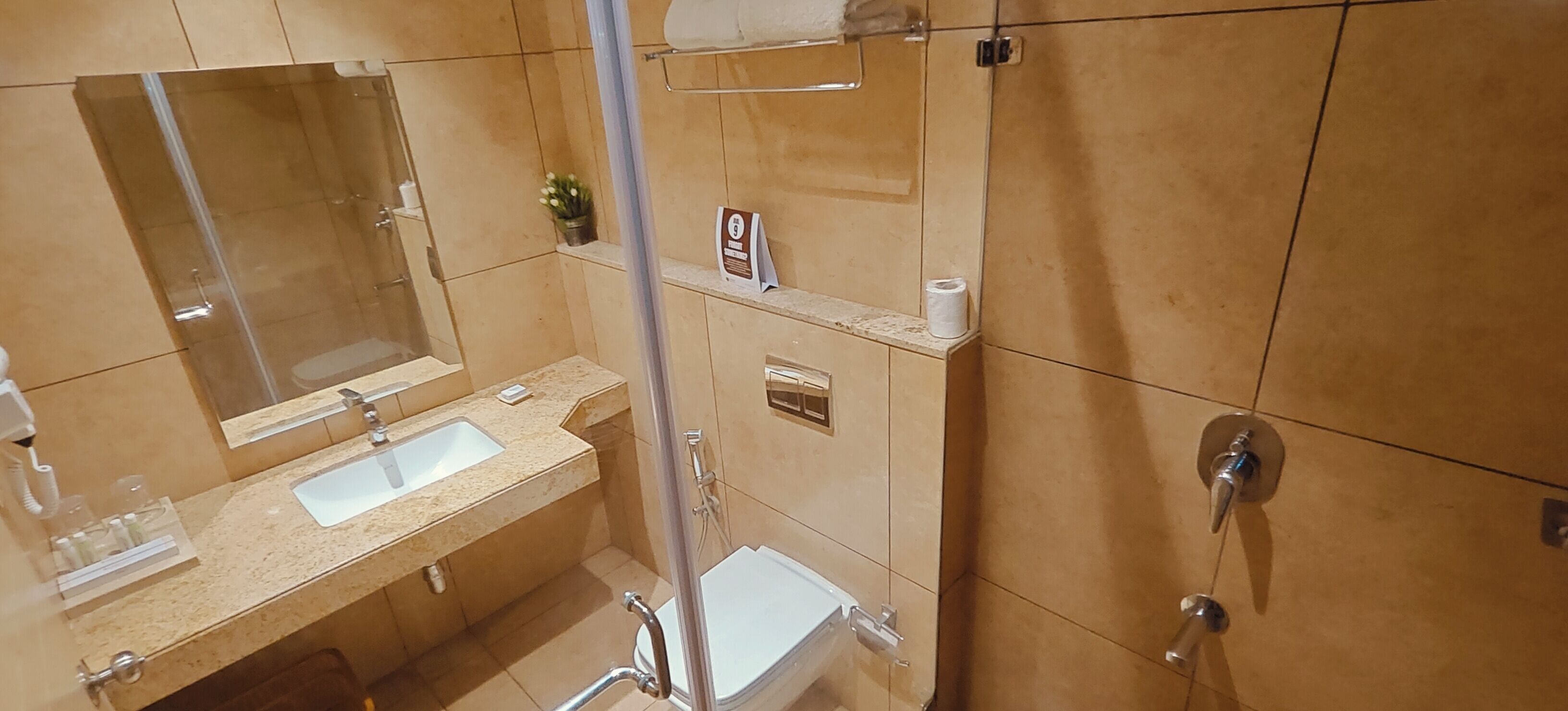 A bathroom with a sink, mirror, toilet, and shower.