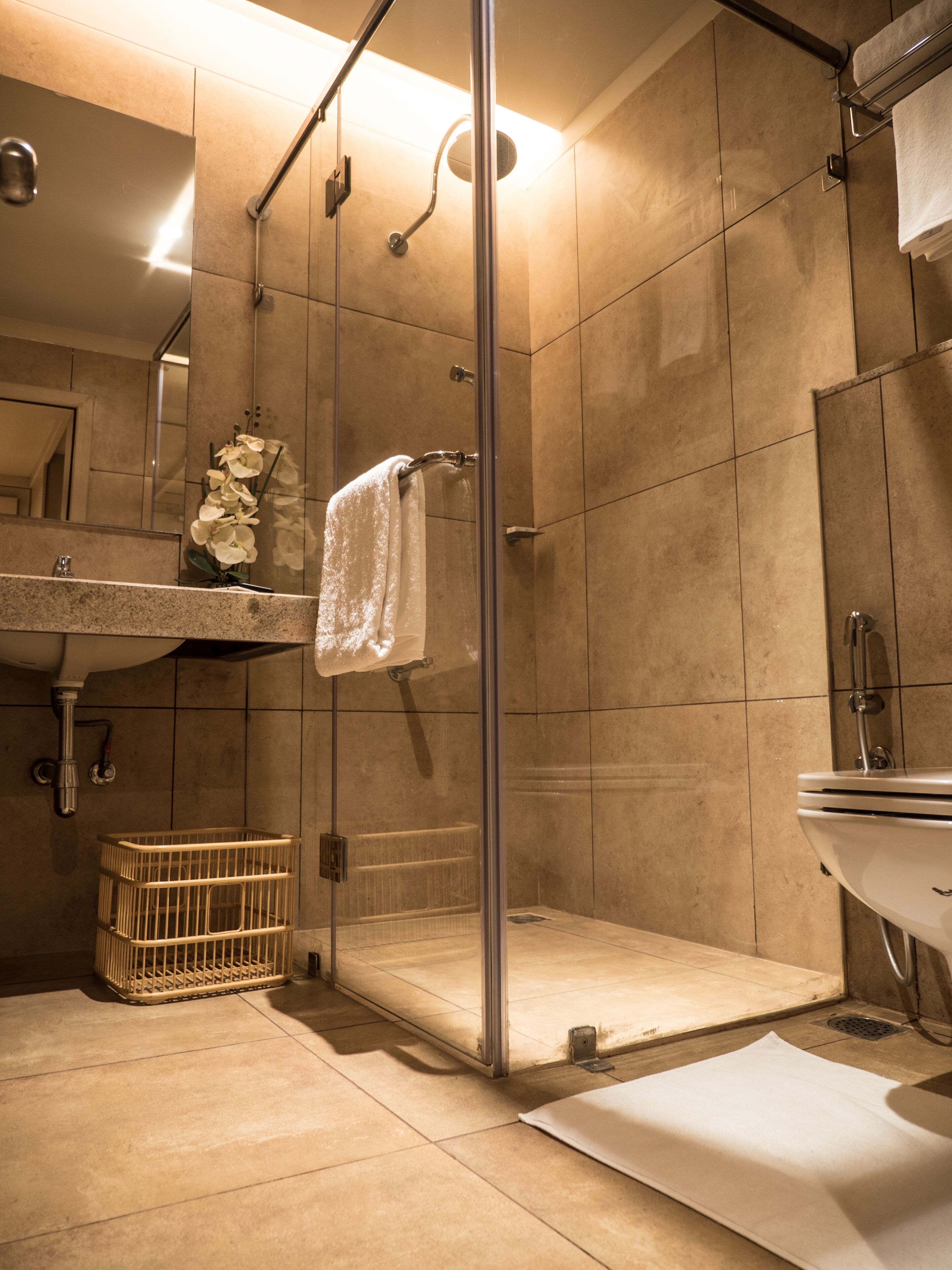 A modern bathroom with a glass-enclosed shower, a sink with a mirror, and a toilet.