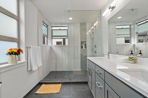 Shower, hair dryer, towels, soap
