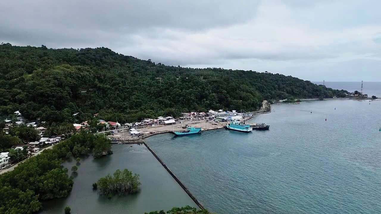 Une ville côtière où des bateaux sont amarrés à un quai, entourée d’une végétation luxuriante et d’un paysage vallonné.