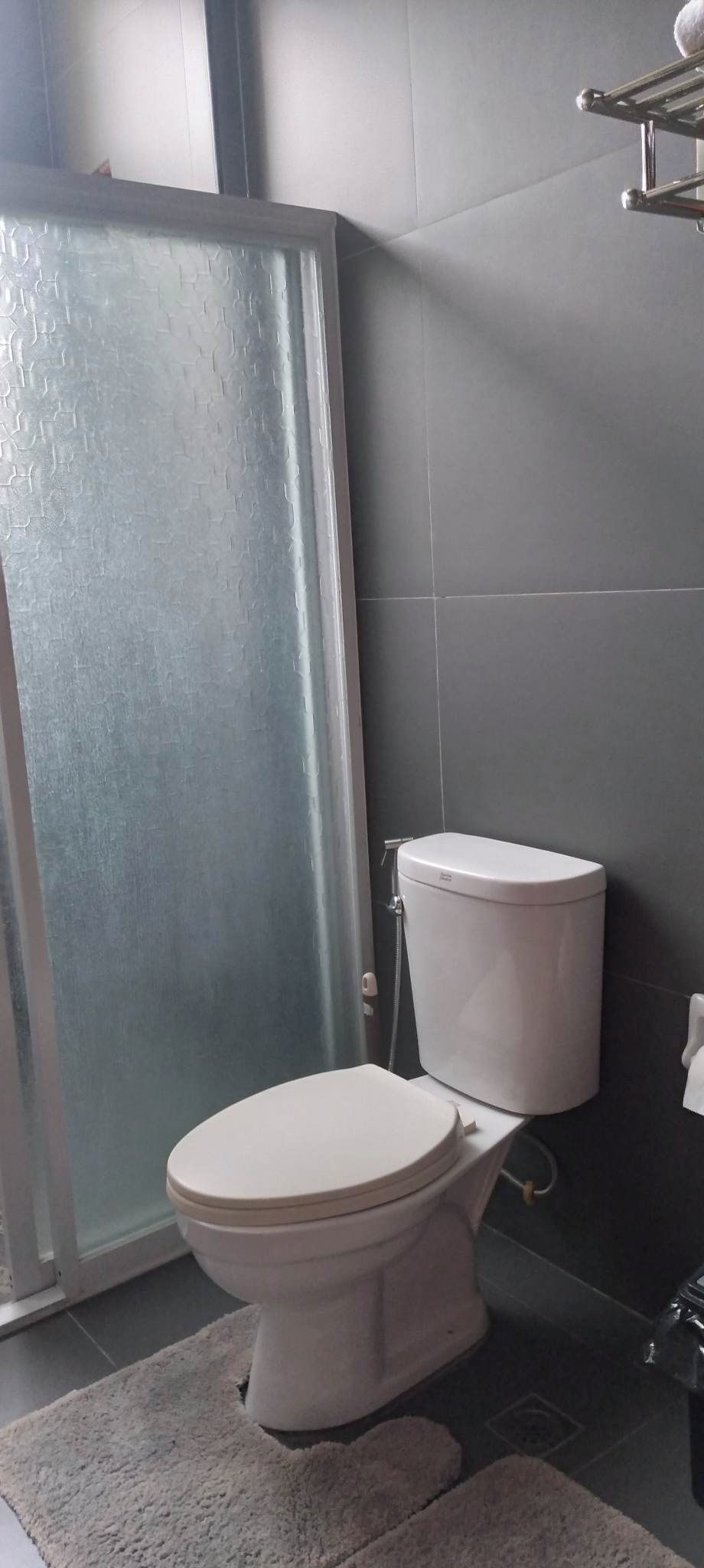 Un baño con inodoro, zona de ducha y toallero.