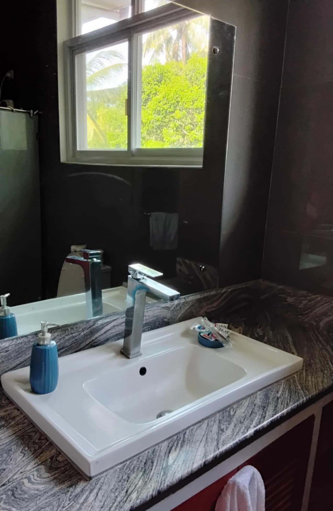 A bathroom with a white sink, a mirror, and a window with a view of greenery.