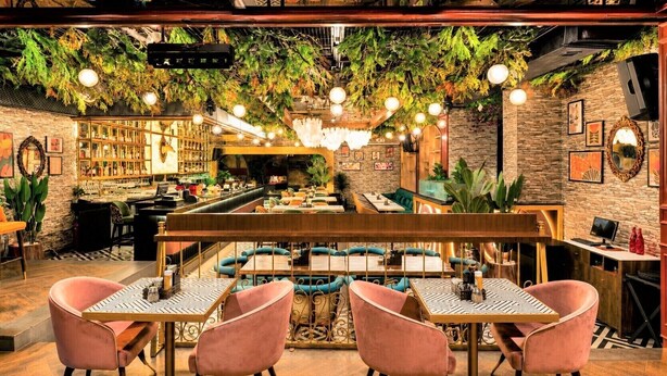 A bar area with seating, a counter, and a ceiling decorated with hanging plants. - Hotel Bhagyaraj Palace - Best Hotel In Kanpur (Kanpur)